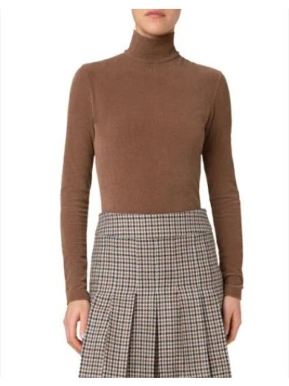 AKRIS PUNTO corduroy mock neck jersey cotton stretch top in cognac size US 10